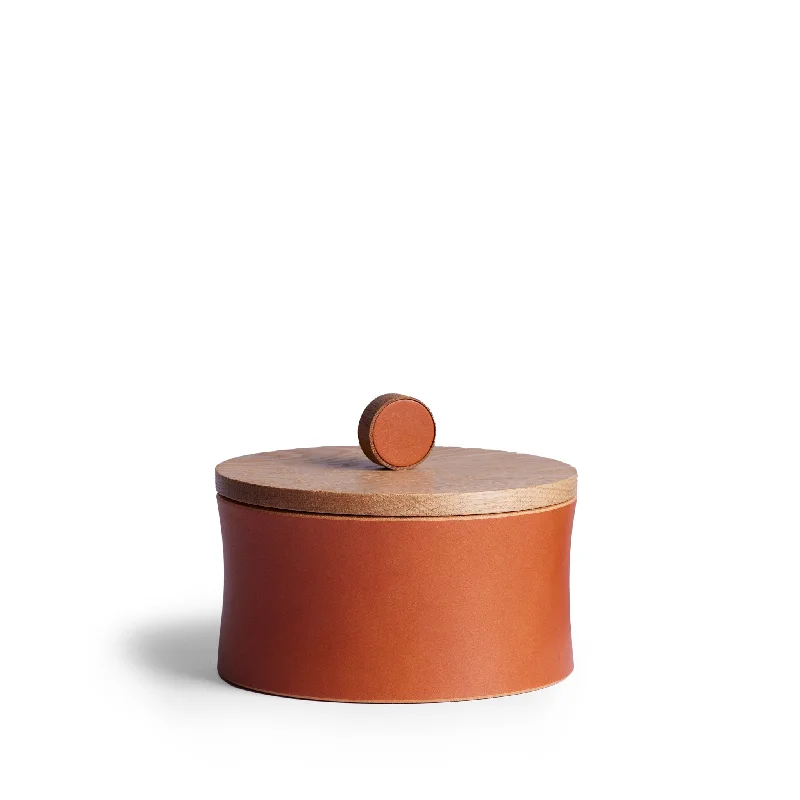 Handcrafted wooden bowls-Circle Container in Oak and Tan Leather