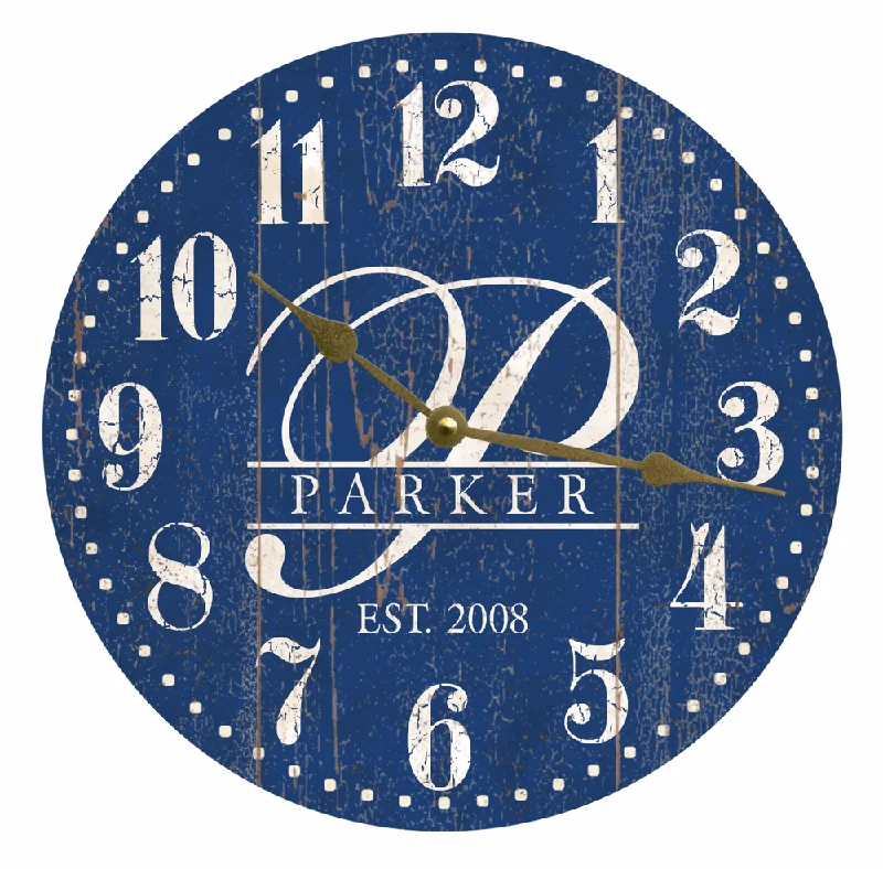 Plush silk throw rugs-Blue Monogram Clock-Personalized Monogram Clock