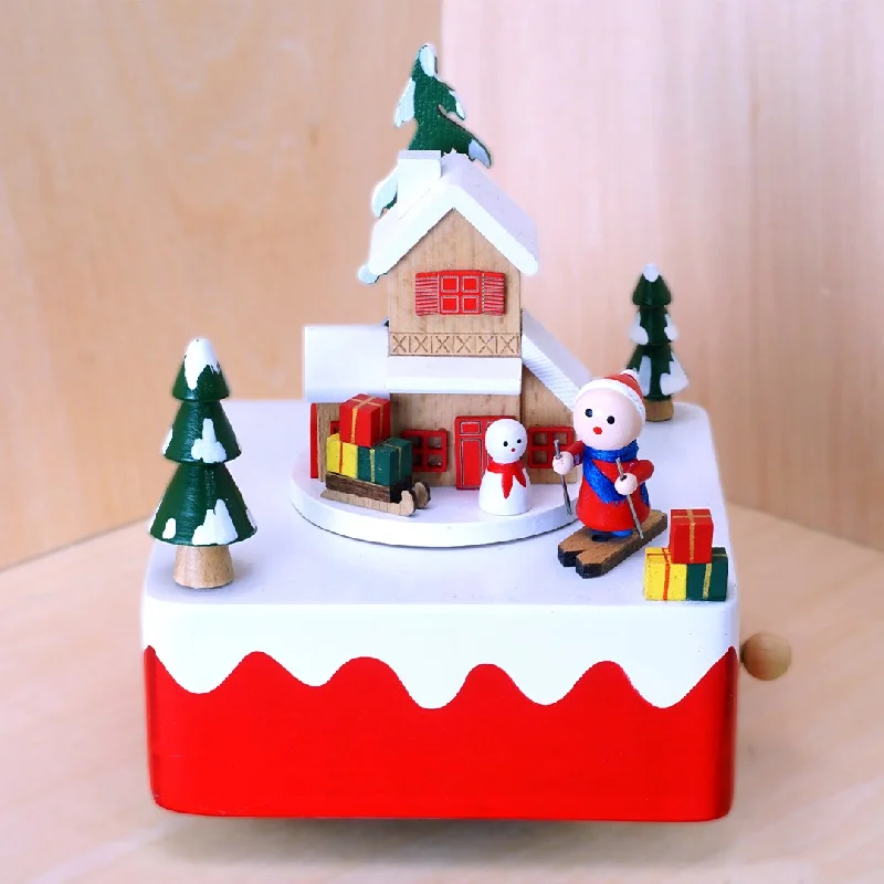 Hand-painted ceramic vases-Nordic Ski Cabin with Moving Skier (Tune: We Wish You a Merry Christmas)