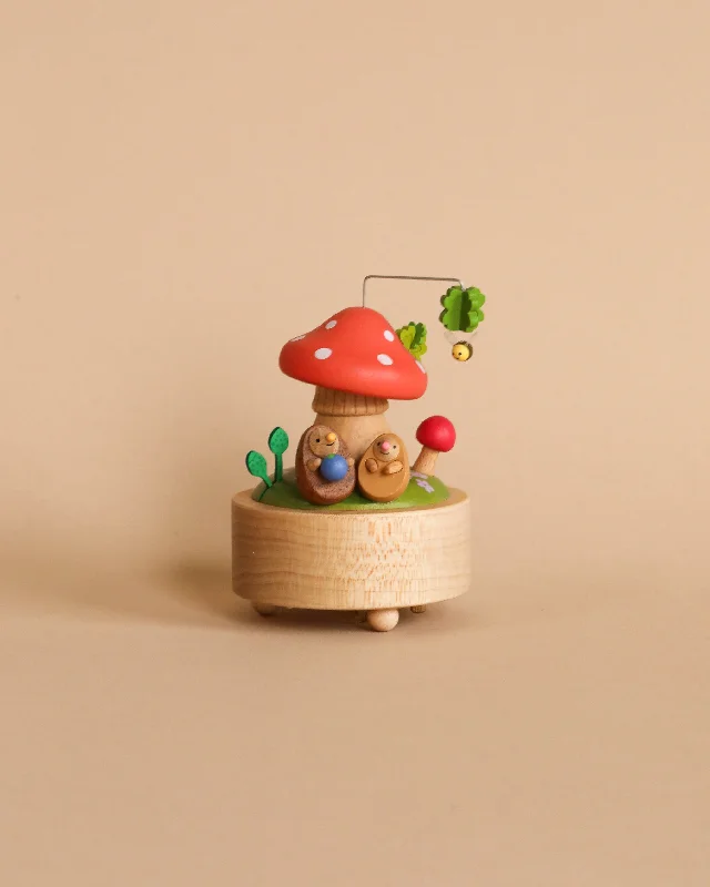 Farmhouse galvanized wall decor-Mini Wooden Mushroom & Hedgehogs Music Box