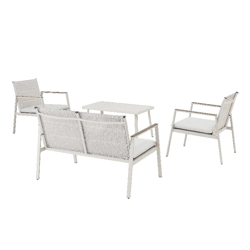 Bohemian fringe table runners-StyleWell Crystal Cape 4-Piece Metal Patio Conversation Set with Warm Grey Cushions - $180