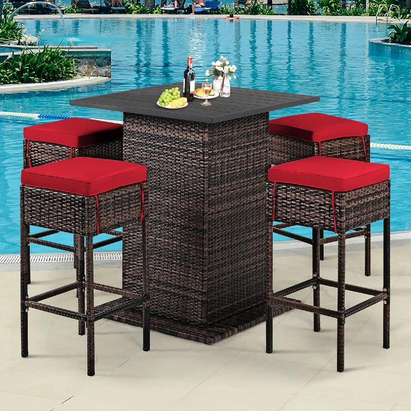 Copper wire wall sculptures-5 PCS Outdoor Rattan Bar Set Patio Bar Furniture with Cushions Stools