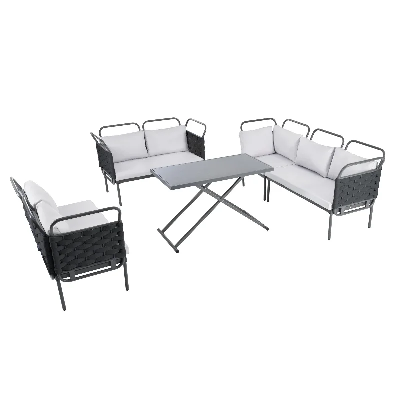 Tropical palm table runners-5-Piece Modern Patio Sectional Sofa Set Outdoor Woven Rope Furniture Set with Glass Table and Cushions