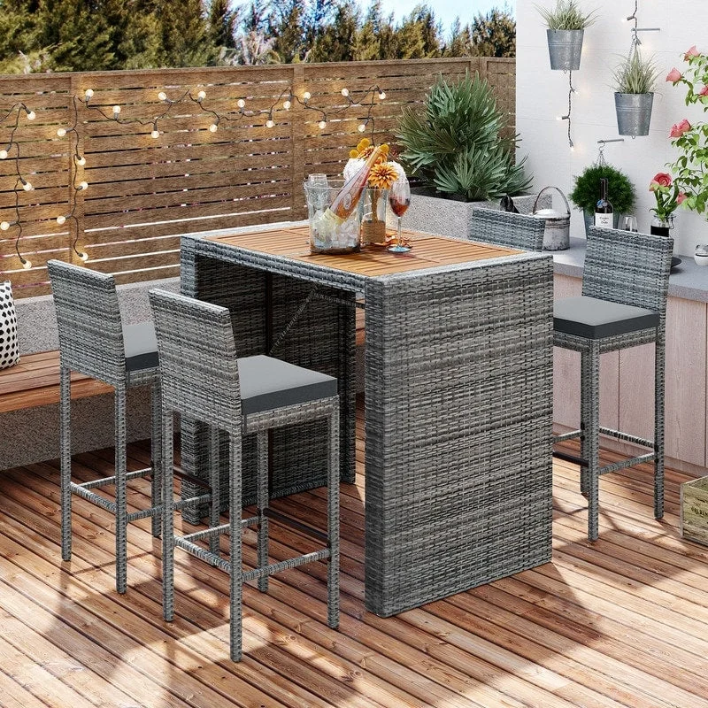 Woven sisal storage baskets-5-Piece Patio Dining Bar Set, Bar Height Chairs with Cushion