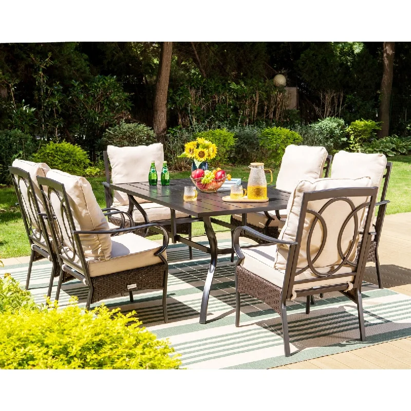 Retro checkered wall hangings-7-Piece Patio Set with 60" Metal Table with Umbrella Hole & Wicker Arm Chairs with Cushion