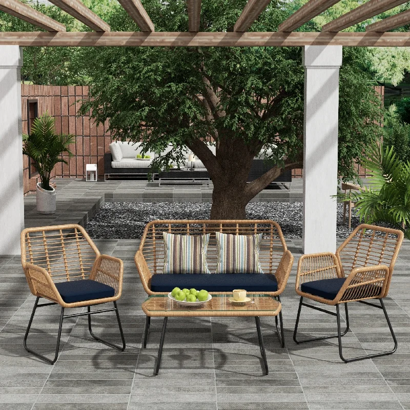 Retro geometric cushions-Arden 4-Piece Outdoor Wicker Patio Conversation Set with Cushions