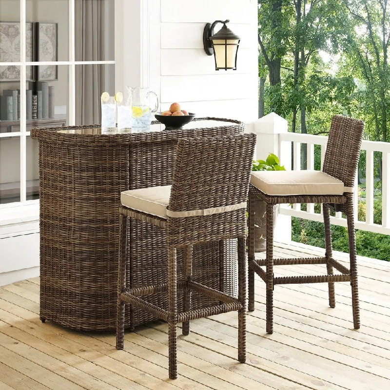 Shabby chic vintage frames-Bradenton Outdoor Brown Wicker 3-Piece Bar Set with Sand Cushions - 51 "W x 54.13 "D x 42 "H