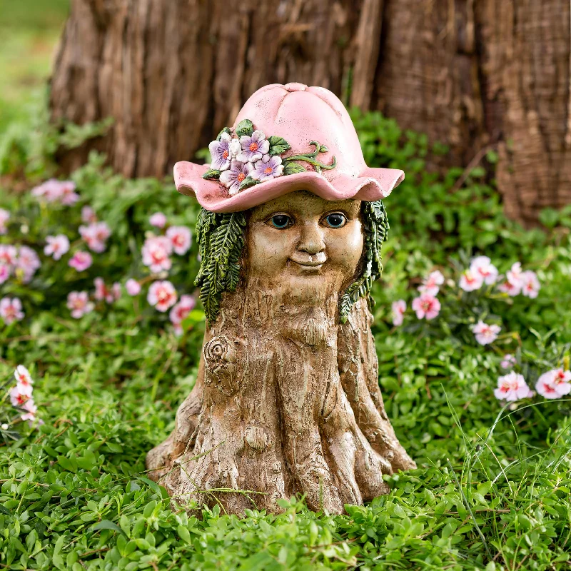 Rustic cedar wall art-Resin Indoor/Outdoor Tree Girl with Pink Hat and Leafy Hair Garden Sculpture