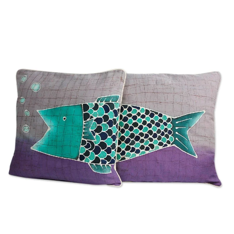 Tropical leaf throw pillows-Handmade Lucky Thai Fish (pair) Cotton batik cushion covers (Thailand) - 18 x 12 x 8