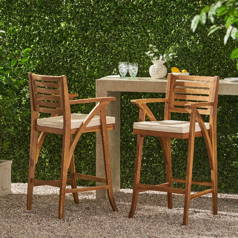 Coastal driftwood wall art-Hermosa Outdoor Acacia Wood Barstool with Cushion (Set of 2) by Christopher Knight Home