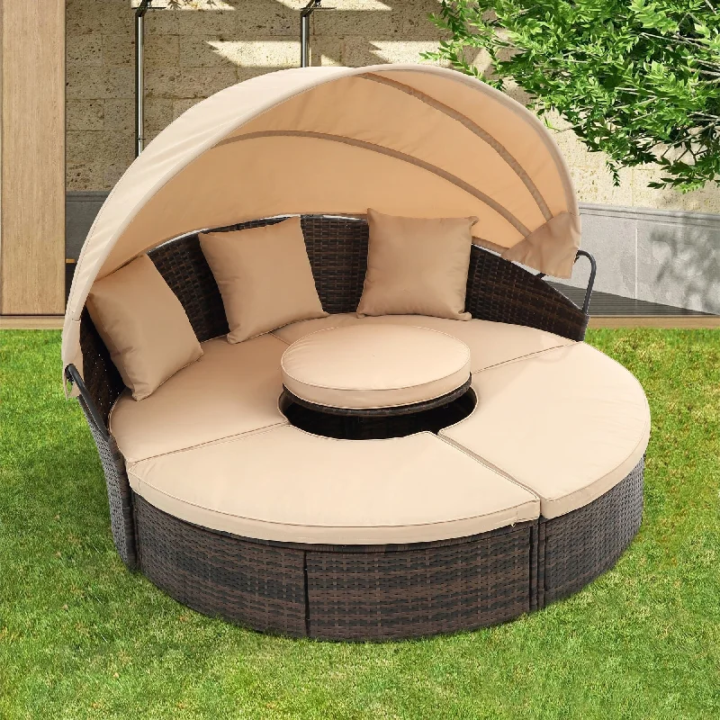 Elegant silver wall mirrors-HOMEFUN Outdoor Rattan/Wicker Patio Rectangle/Round Sectional Cushioned Sofa with Retractable Canopy