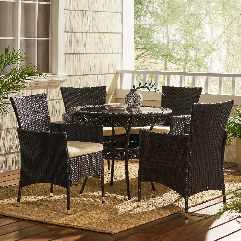 Velvet round ottomans-Kendricks Outdoor 5-piece Wicker Dining Set with Cushions by Christopher Knight Home