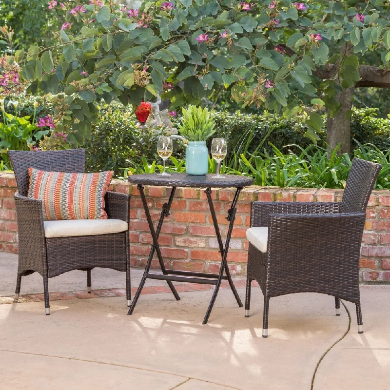 Industrial concrete sculptures-Malaga Outdoor 3-piece Round Wicker Dining Bistro Set with Cushions by Christopher Knight Home