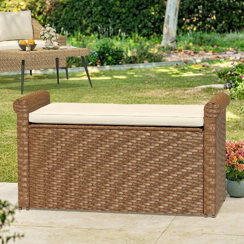 Elegant gold wall clocks-Moasis 90 Gallon Outdoor Wicker Storage Bench with Cushion PE Rattan Deck Box Bench