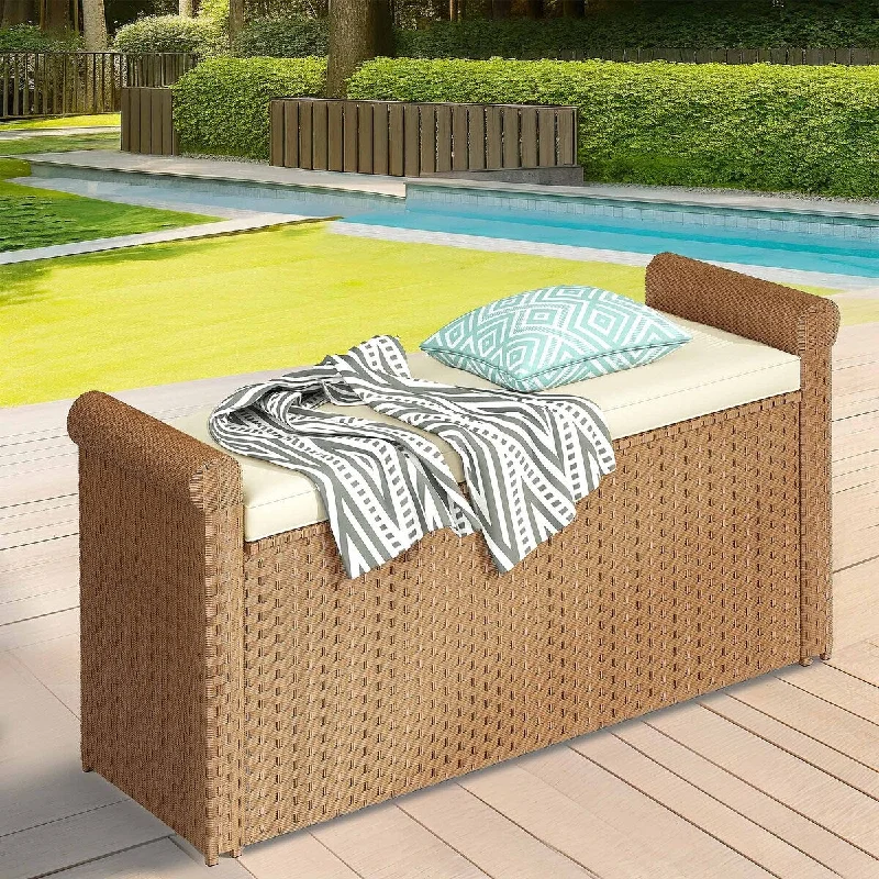 Hand-painted ceramic vases-Moasis 90 Gallon Outdoor Wicker Storage Bench with Cushion PE Rattan Deck Box Bench