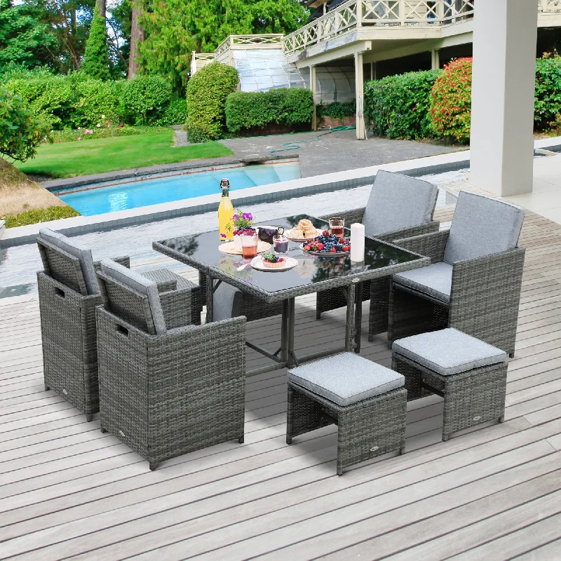 Industrial steel table clocks-Outsunny 9 Piece Outdoor Rattan Wicker Dining Table and Chairs Furniture Set Space Saving Wicker Chairs w/ Cushions