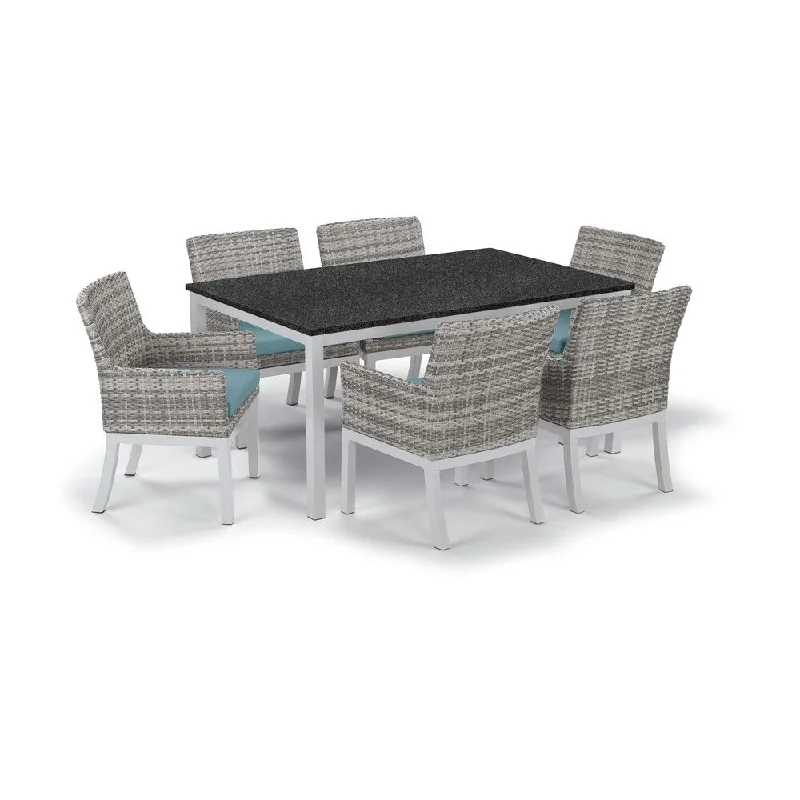 Glass orb plant displays-Oxford Garden Travira 7-Piece Dining Set with 63-in x 40-in Lite-Core Charcoal Table, Argento Wicker with Ice Blue Cushion