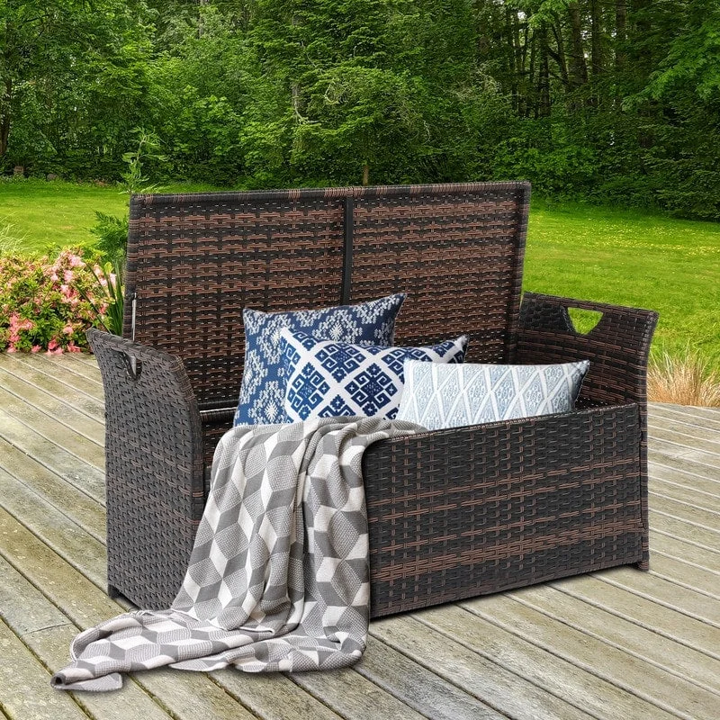 Industrial pipe floor lamps-Patio Garden Brown PE Rattan Wicker Storage Bench with Cushion