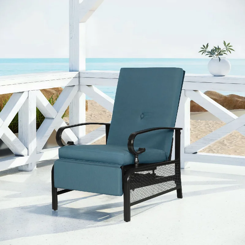 Nautical lighthouse wall art-SUNCROWN Outdoor Metal Patio Adjustable Recliner Lounge Chair with Retractable Steel Frame and Removable Thick Cushion