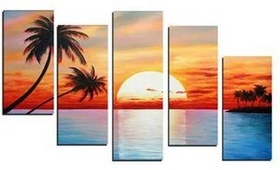 Nautical ship wheel decor-5 Piece Canvas Painting, Beach Palm Tree Sunset Painting, Landscape Canvas Painting, Acrylic Painting for Living Room