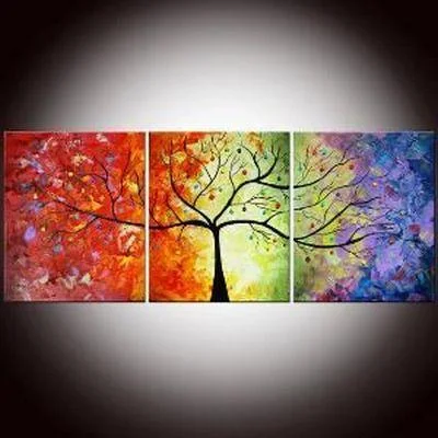 Retro floral curtain panels-3 Piece Canvas Painting, Tree of Life Painting, Simple Modern Art, Acrylic Painting for Living Room, Large Paintings for Sale