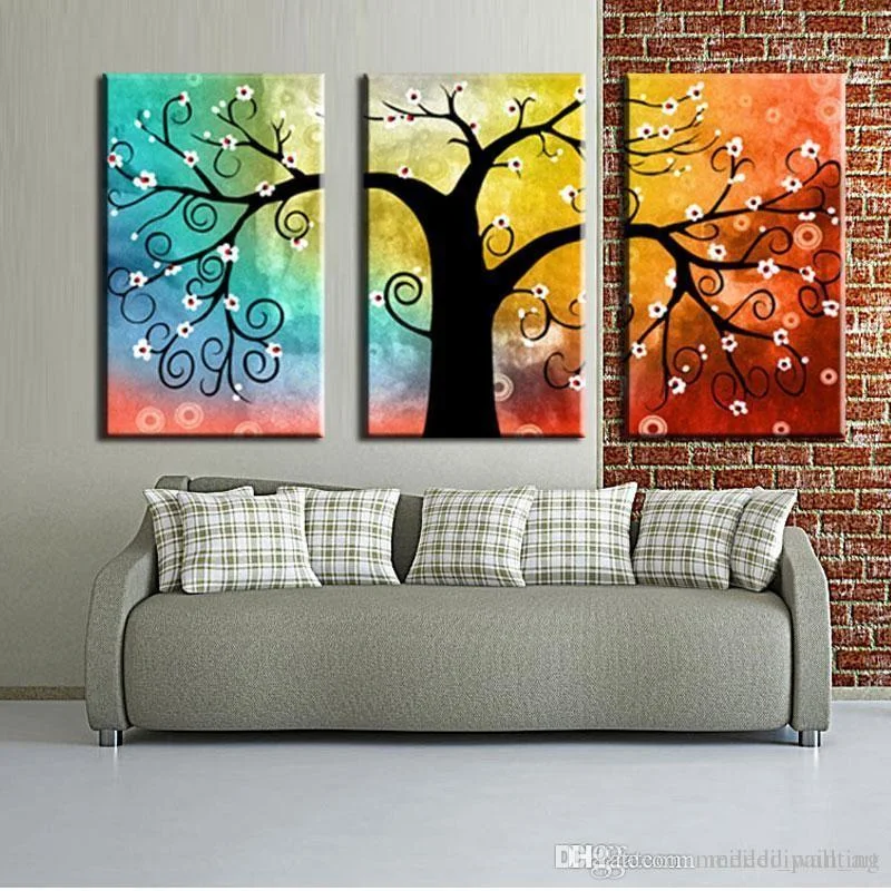 Plush faux fur throws-3 Piece Canvas Painting, Tree of Life Painting, Hand Painted Wall Art, Acrylic Painting for Bedroom, Group Paintings for Sale