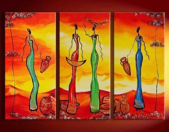 Mid-century teak wall hooks-Abstract Painting, African Girl Acrylic Painting, Dining Room Wall Art, 3 Piece Art Painting