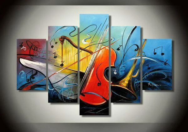 Eclectic patterned area rugs-Abstract Painting, Electronic organ Painting, Violin Painting, Harp, 5 Piece Abstract Wall Art