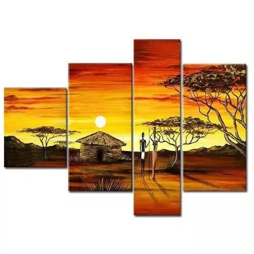 Bohemian fringe cushions-African Pinting, 4 Piece Canvas Art, Acrylic Painting for Sale, Large Landscape Painting, African Woman Village Sunset Painting