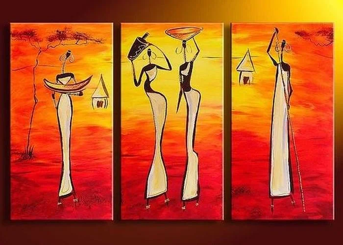 Copper wire fairy lights-Bedroom Wall Art, African Woman Painting, African Girl Painting, Extra Large Art, 3 Piece Wall Art