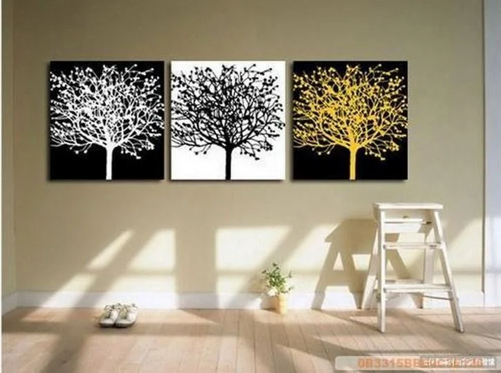 Retro floral wall panels-Black and White Art, Abstract Painting, 3 Piece Canvas Painting, Modern Art, Huge Painting, Tree of Life Art Painting