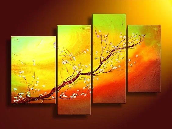 Industrial metal wall clocks-Branch of Plum Tree Flower, 4 Piece Canvas Art, Painting for Sale, Bedroom Canvas Painting