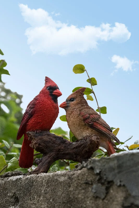 Eclectic tribal throw pillows-Cardinal Couple on Stump - Lifelike Cardinal Statue for Garden