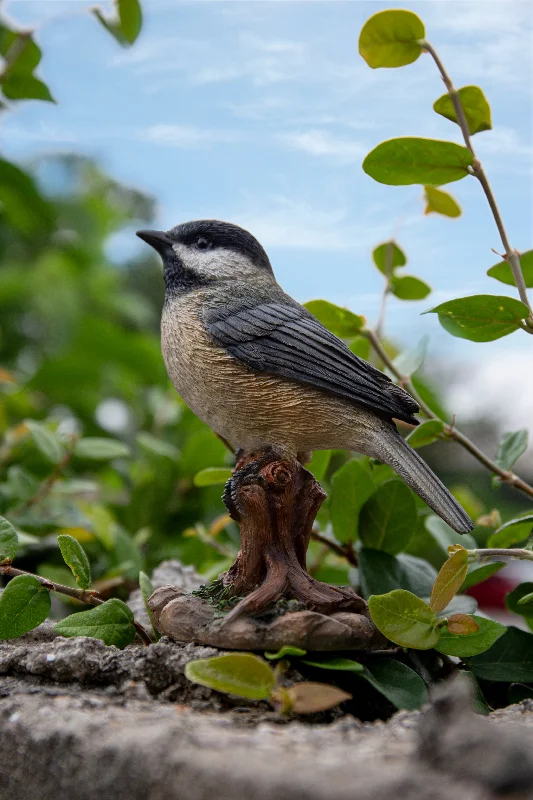 Farmhouse wooden candle holders-Chickadee Peeking on stump Garden Statue