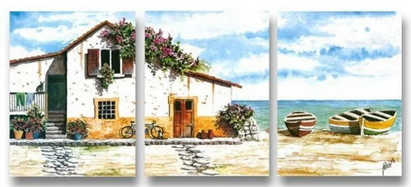 Marble table top sculptures-Cottage At Seashore, Landscape Painting, Landscape Art, 3 Panel Painting, Art Painting