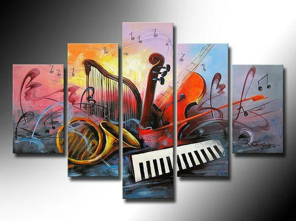 Rustic pine wall shelves-Music Painting, Modern Paintings for Living Room, Abstract Acrylic Painting, Violin, Saxophone, Harp, 5 Piece Abstract Wall Art Paintings