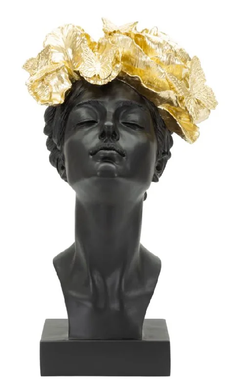 Abstract fabric wall panels-Female Bust Sculpture with Butterflies (Black & Golden Modern Glam Resin Statue)