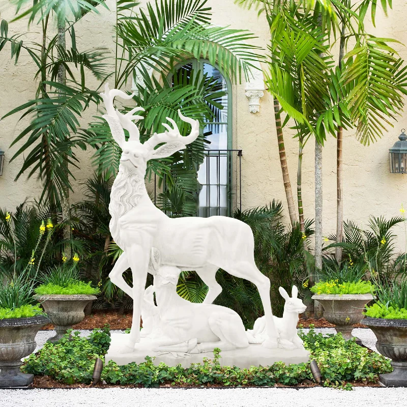 Minimalist white ceramic planters-FINEST Garden Art Elk Family Stone Statue FM-030