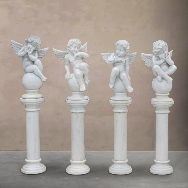 Industrial black floor lamps-FINEST Yard Sculptures Cherub White Marble Statues With Pillar Base FM-013