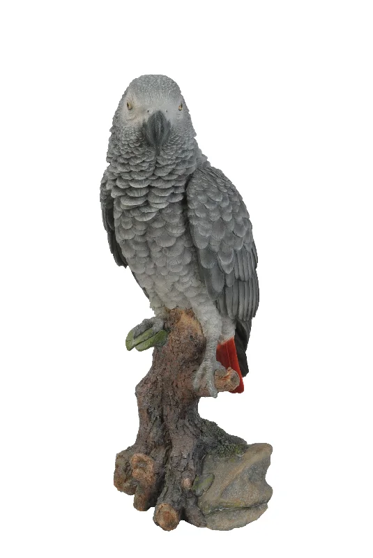 Tropical fern wall prints-Grey Gabon Parrot on Stump Statue