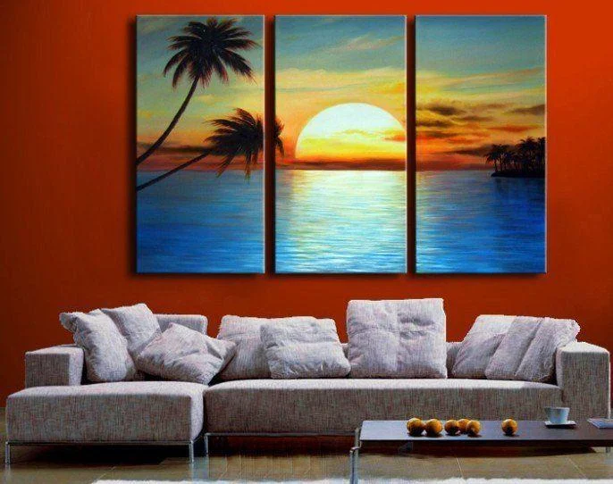 Handcrafted pottery wall art-Landscape Painting, Sunrise Painting, 3 Piece Painting, Acrylic Painting on Canvas, Wall Art Paintings