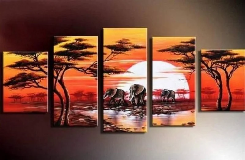 Rustic wooden wall art-Large Canvas Art, Abstract Art, Canvas Painting, Abstract Painting, African Art, Elephant Sunset Art, Home Art, 5 Piece Wall Art, Landscape Art, Ready to Hang