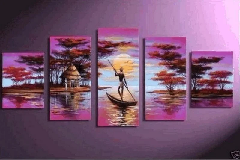 Mid-century teak wall art-Large Canvas Art, 5 Piece Canvas Painting, Abstract Painting for Sale, African Woman Art, Boat at Lake River Art, Ready to Hang Painting