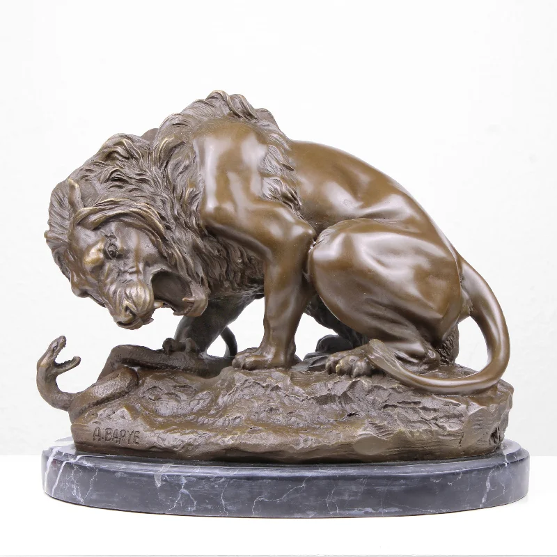 Antique silver table clocks-Lion with Snake Bronze Statue (Antoine-Louis Barye) (Hot Cast Bronze Sculpture)