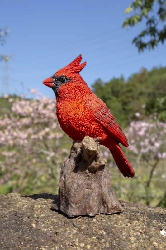 Antique bronze figurines-Motion Activated Singing Cardinal Standing on Stump Statue