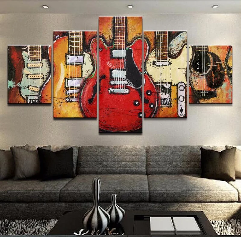 Mid-century walnut wall clocks-5 Piece Abstract Painting, Guitar Painting, Large Paintings for Living Room, Modern Abstract Painting, Musical Instrument Painting