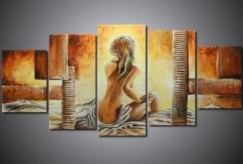 Gold-framed wall mirrors-5 Piece Abstract Painting, Bedroom Wall Art Paintings, Girl After Bath, Modern Acrylic Paintings, Large Painting for Sale