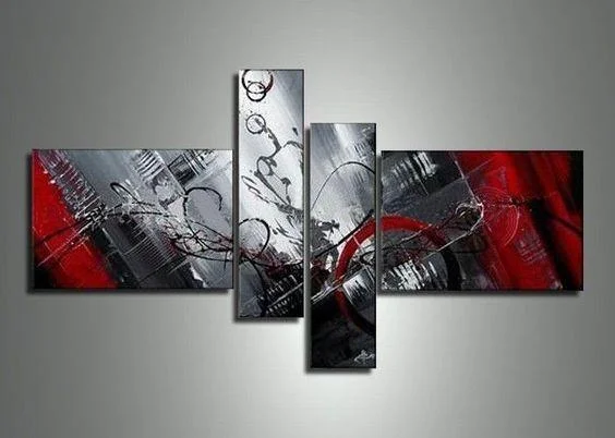 Vintage brass candlestick holders-4 Piece Canvas Art, Modern Abstract Painting, Acrylic Painting for Sale, Black and Red Painting, Living Room Simple Contemporary Art