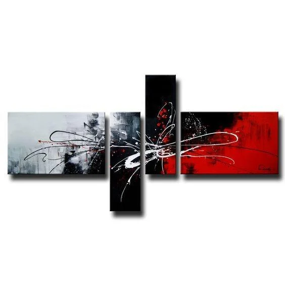 Gold-framed wall mirrors-4 Piece Canvas Art Paintings, Huge Painting Above Couch, Abstract Paintings for Living Room, Black and Red Canvas Painting, Buy Art Online