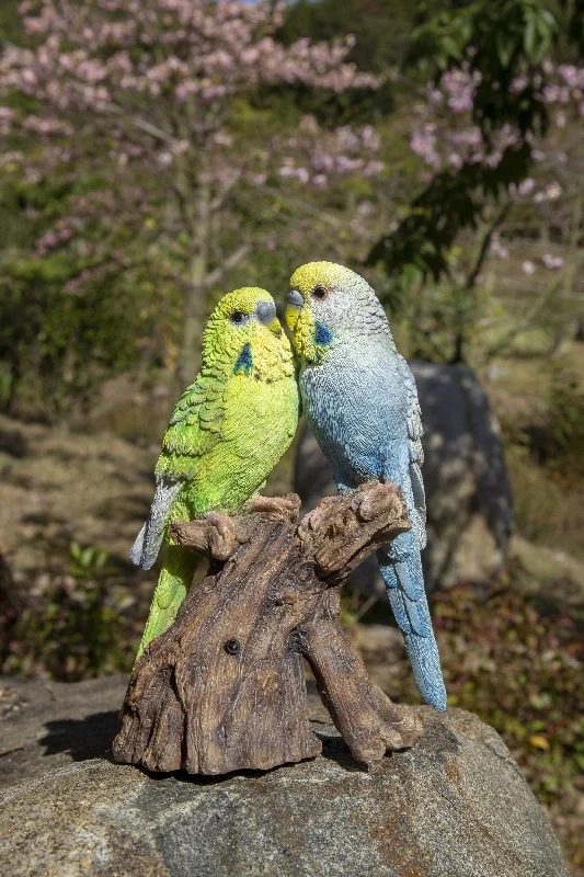 Oval wooden wall mirrors-Motion Activated Singing Couple Budgerigar Statue